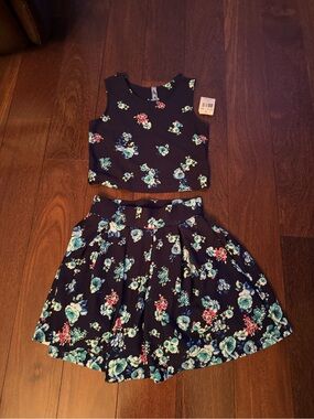 Knitworks navy Floral Girls Matching Crop Top and Skirt Set